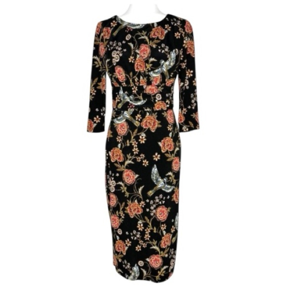 Melrose Black floral soaring sparrow bird midi dress with 3/4 sleeves, featuring